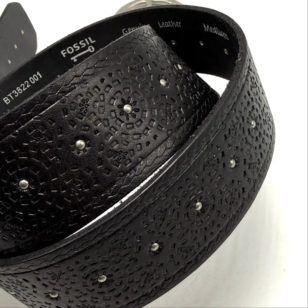 Fossil Boho Western Belt M 30-36 Black Tooled Leather Studded Hippie Cowgirl